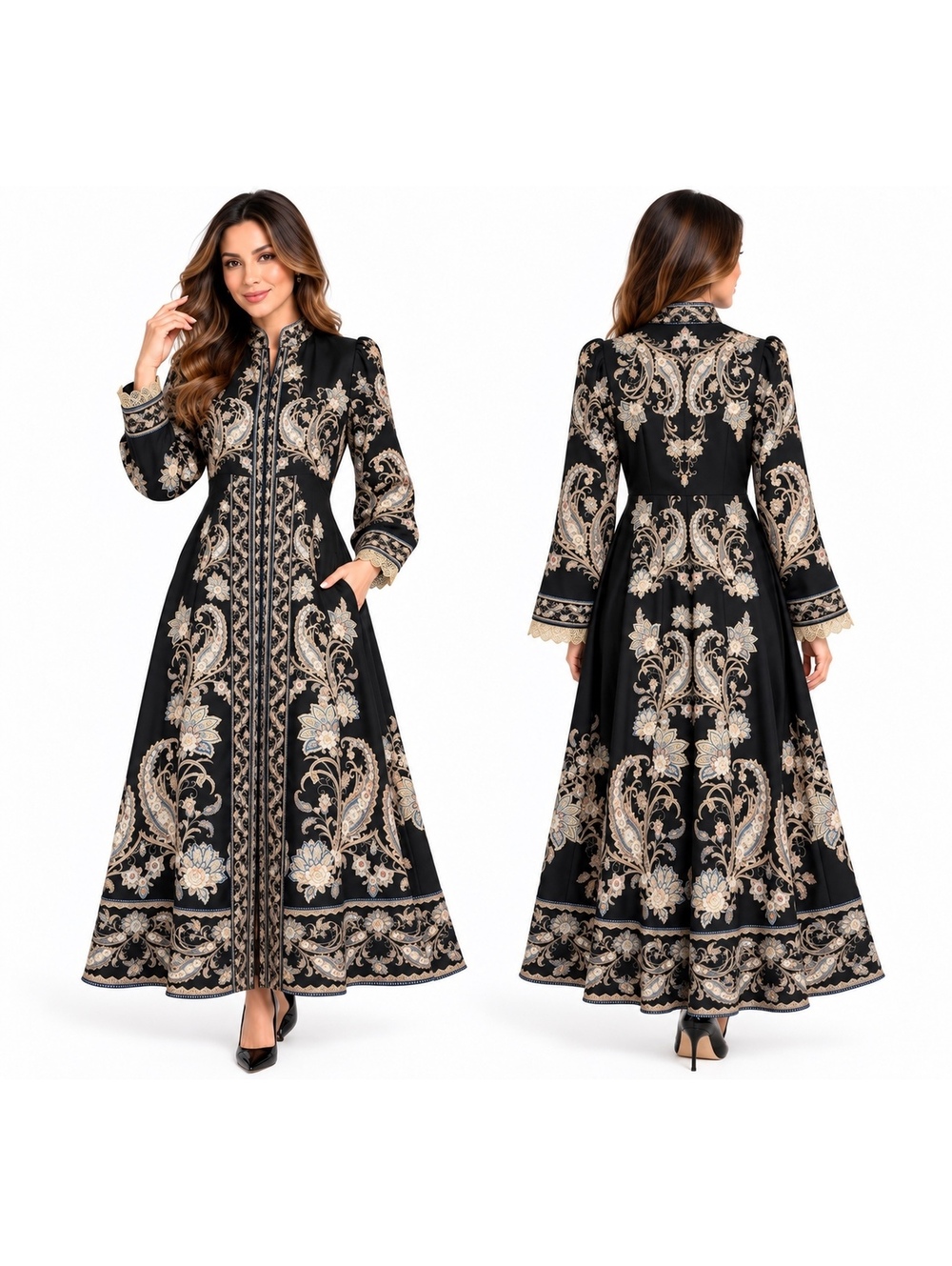 N by Nancy Black Paisley Print Long Sleeve Maxi Dress Size S